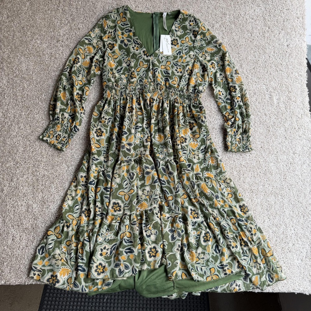 NY Collection Dress Womens PXL Green Floral Long Sleeve V-Neck Fit & Flare Maxi
